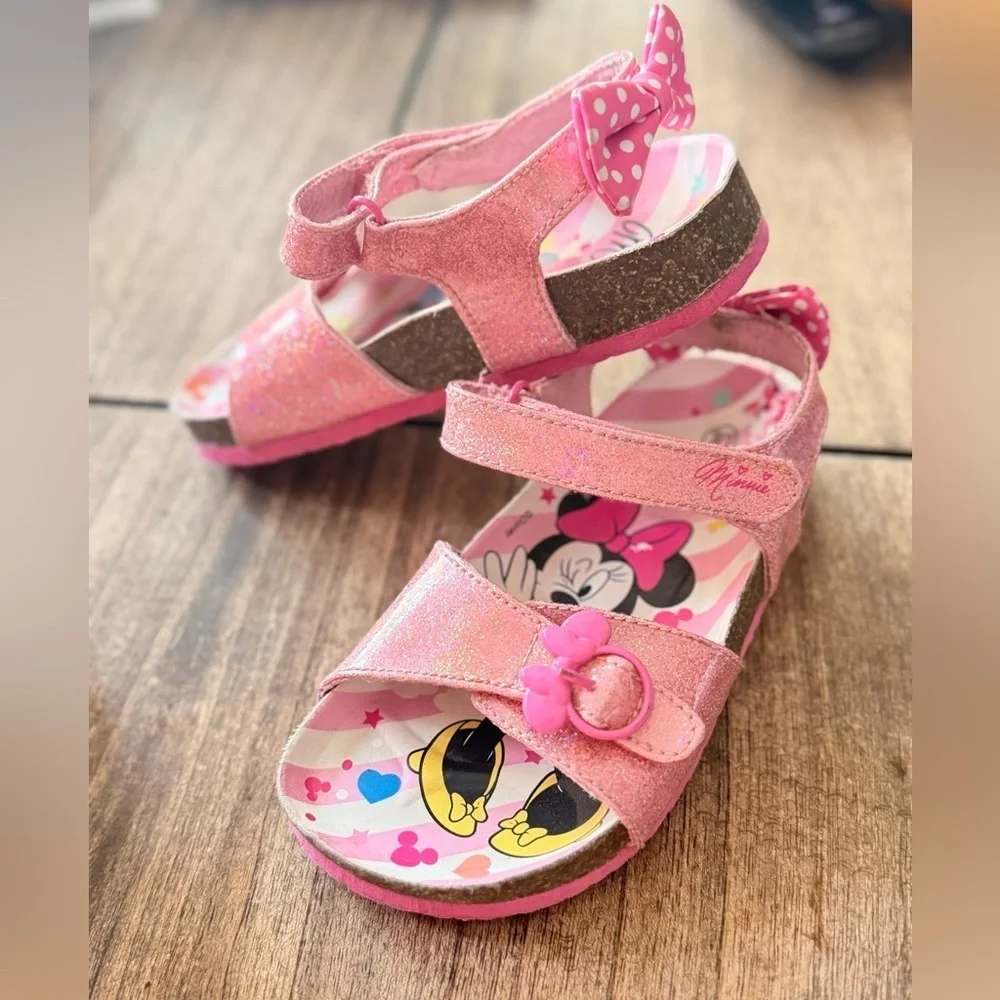 Disney Minnie Mouse glitter sandals for girls featuring a pink polka dot bow 10